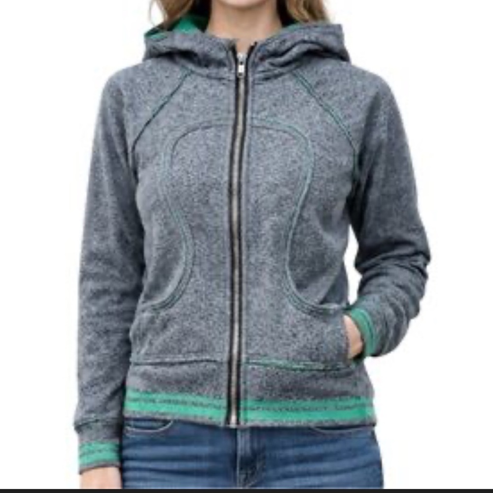 Lululemon Scuba Hoodie Contrast Stitch Heathered Grey Green Stripe Size 6